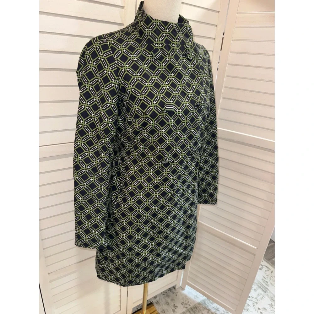 Banana Republic Trench Coat Women Green Navy Geometric Print XS